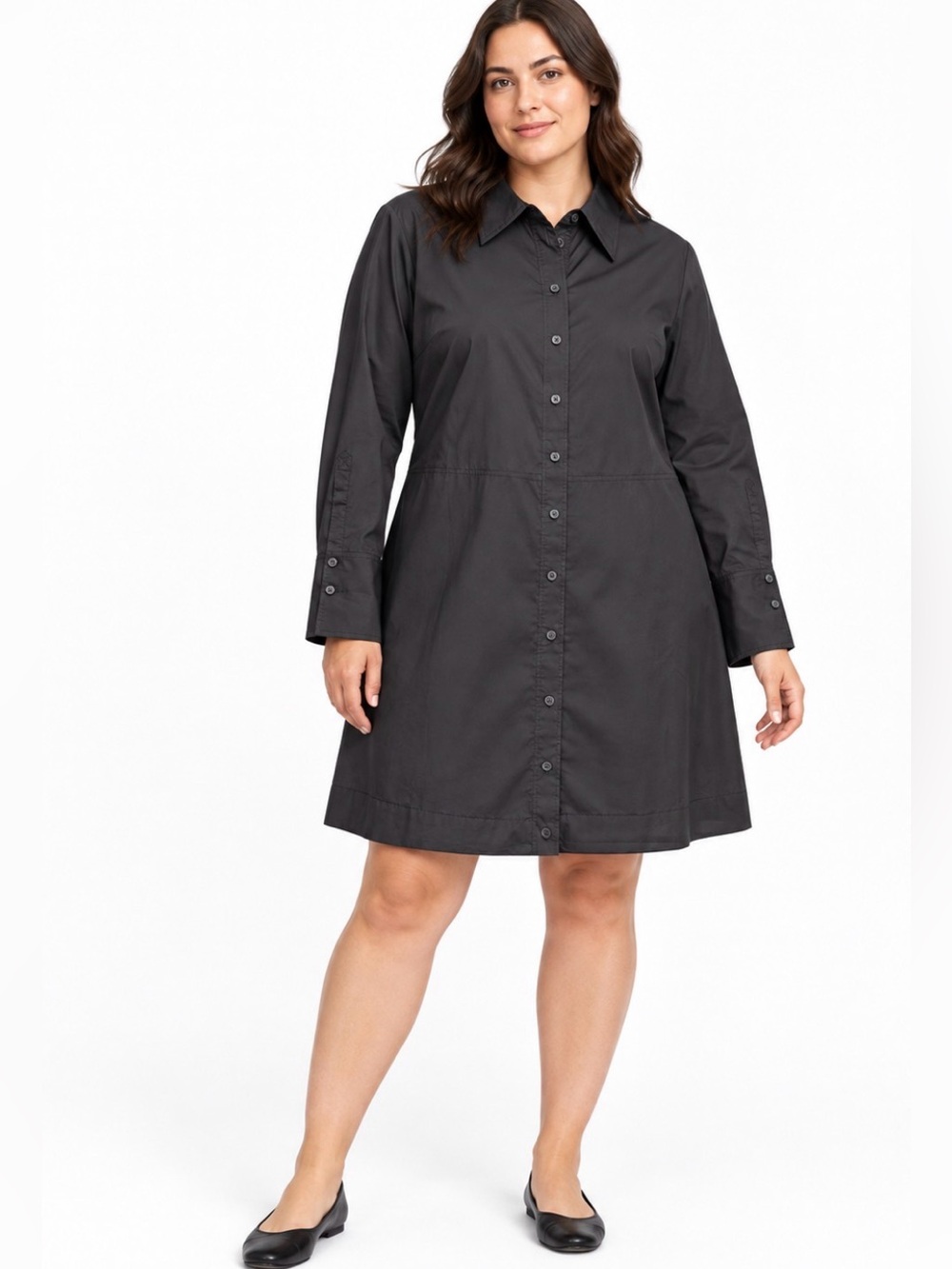 COS Black Poplin Fit Flare Shirt Dress US 12 Button Front Long Sleeve Minimalist